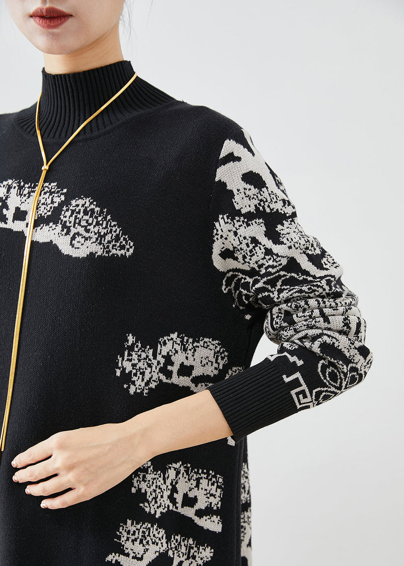 Black High Neck Print Knit Sweater Dress Fall