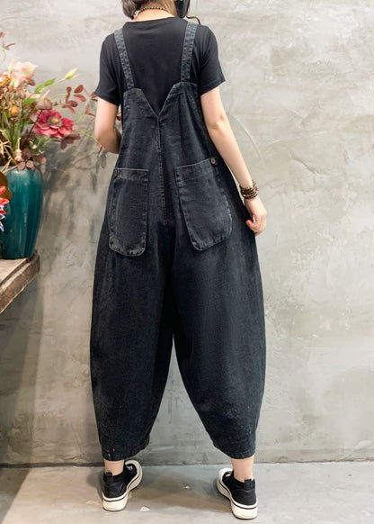 Black Pockets Denim Jumpsuits Summer