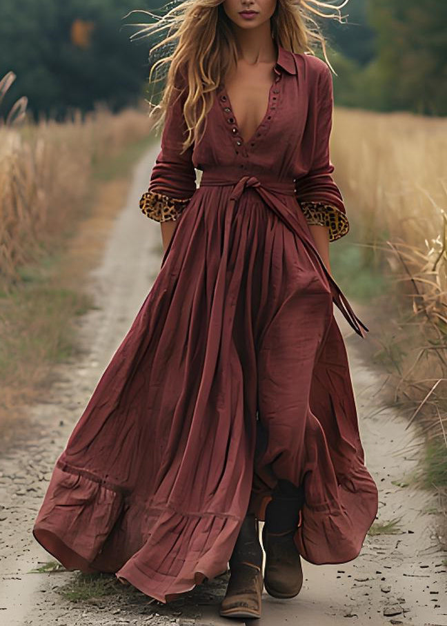 Brick Red Wrinkled Patchwork Cotton Robe Dresses Spring