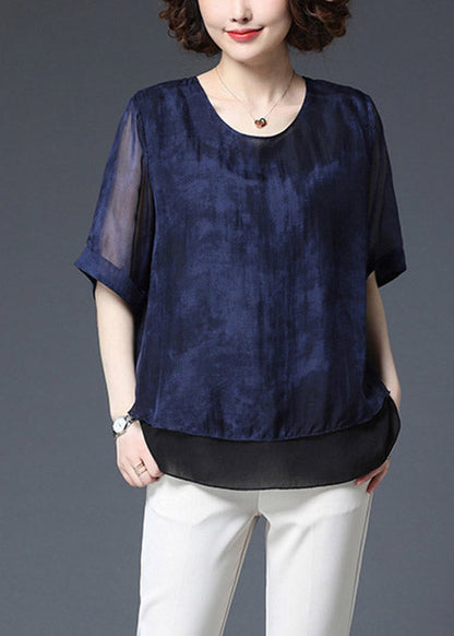 Baggy Navy O-neck Patchwork Chiffon Blouse Top Half Sleeve