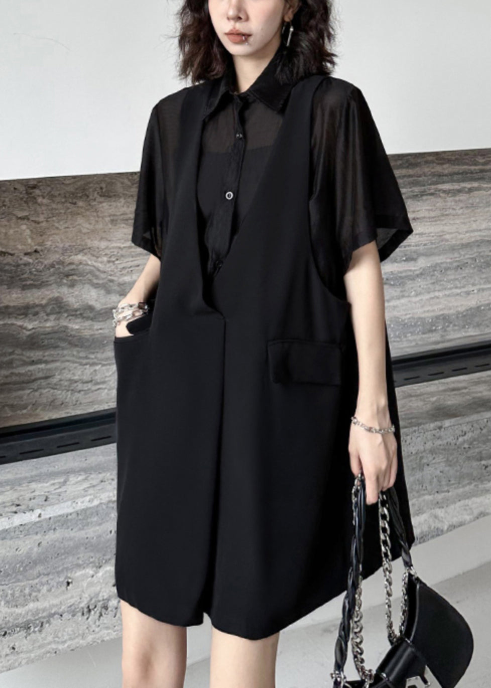 Black Pockets Patchwork Falsetwo Pieces Cotton Mid Dress Summer
