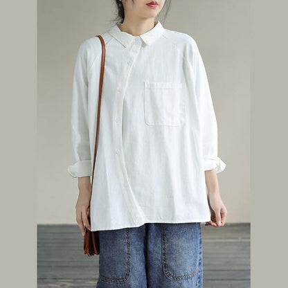 Organic White Tops Blouses Lapel Pockets Loose Spring Blouses