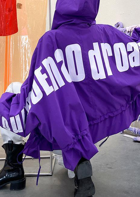 Unique Purple Cotton Letter Zippered Hooded Coat Spring