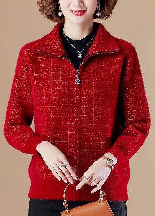 Mulberry Zip Up Pockets Mink Hair Knitted Coats Long Sleeve