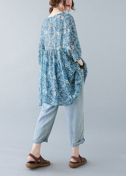 Blue Oversized Print Linen Mini Dresses Summer