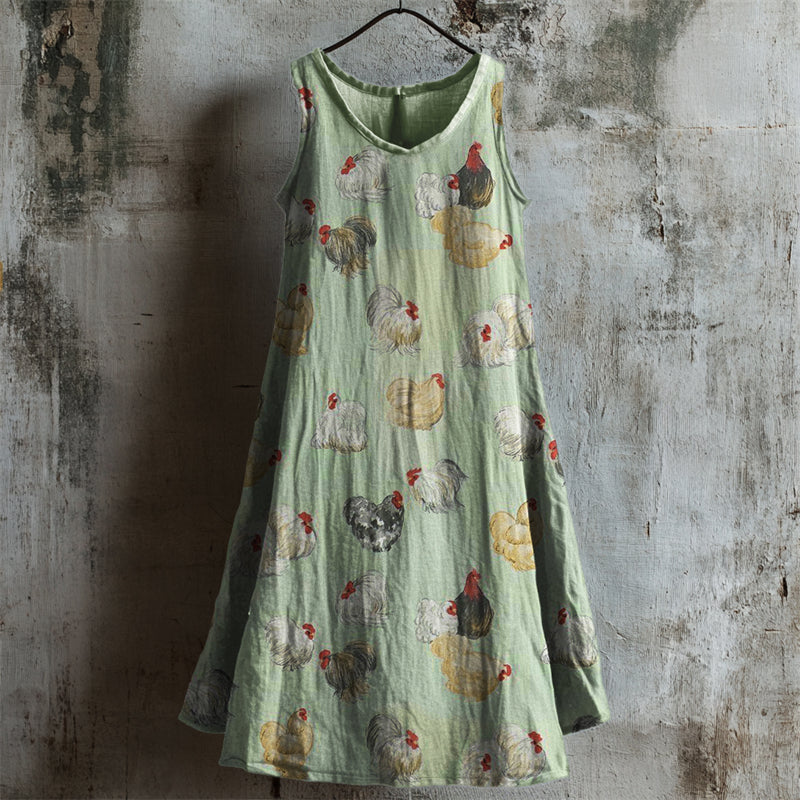 Vintage Farm Chicken Pattern Linen Tank Top artswardrobe