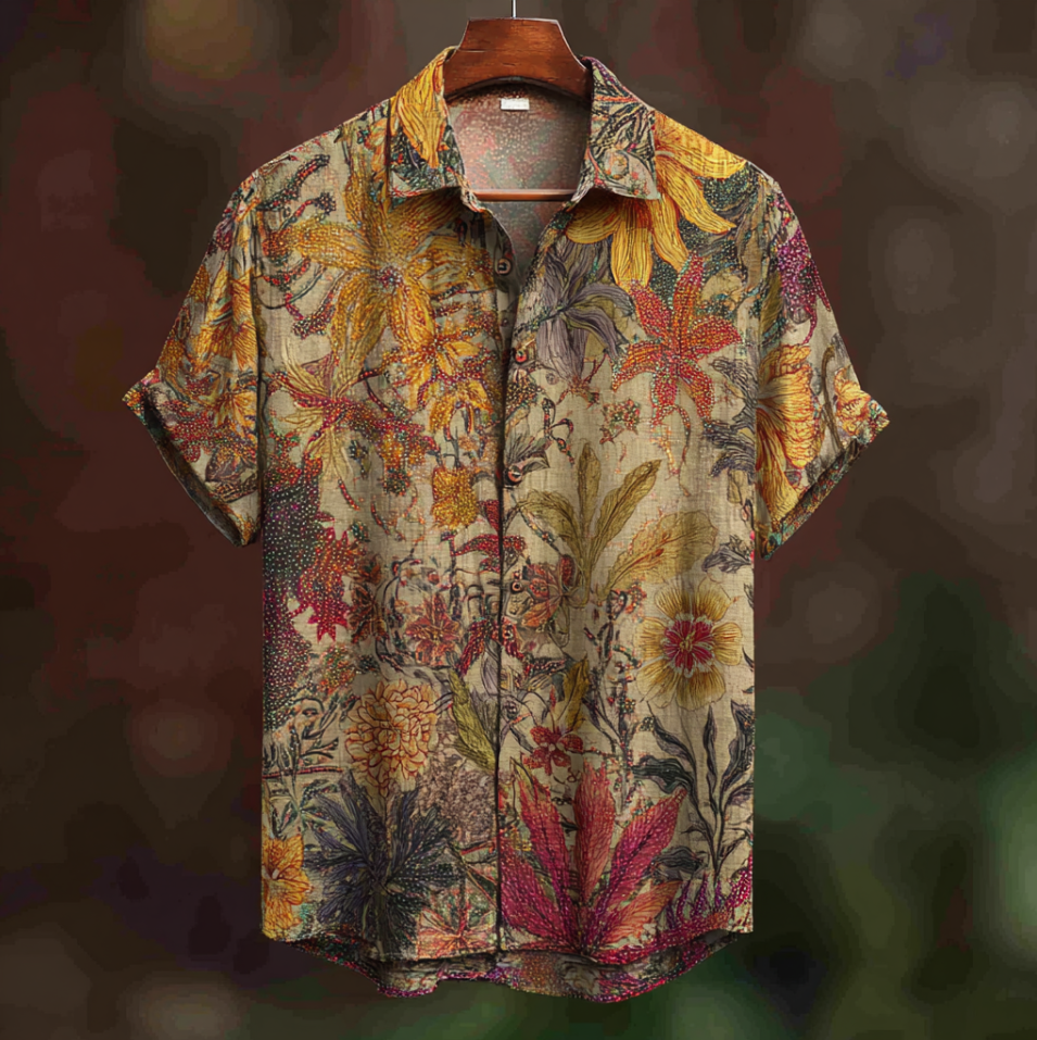 Bohemian Style Plant And Flower Pattern Men's Retro Cotton And Linen Shirt artswardrobe