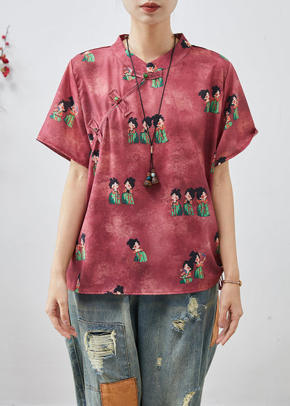 Dull Red Print Chinese Button Silk Shirt Summer