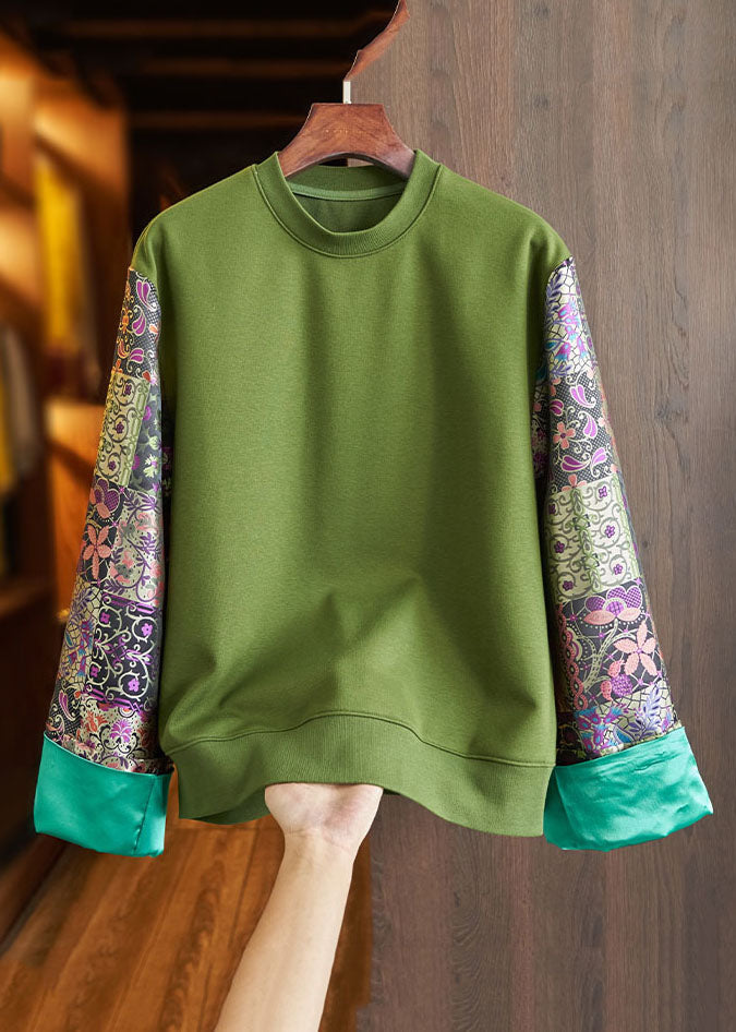Loose Black O-neck Embroideried Patchwork Cotton Sweatshirt Long Sleeve