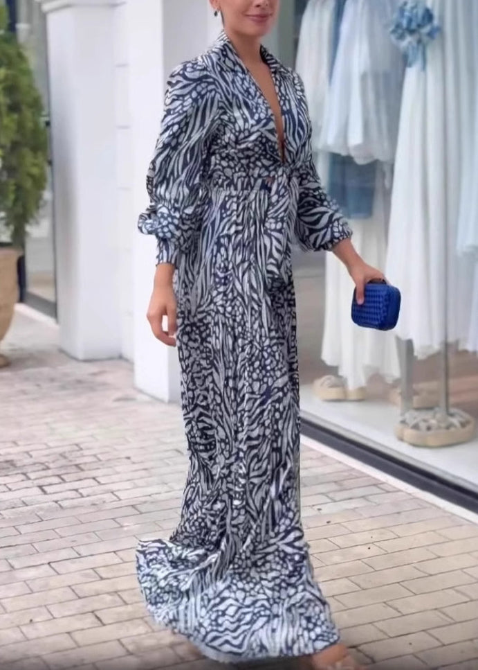 V Neck Print Wide Leg Jumpsuit Spring