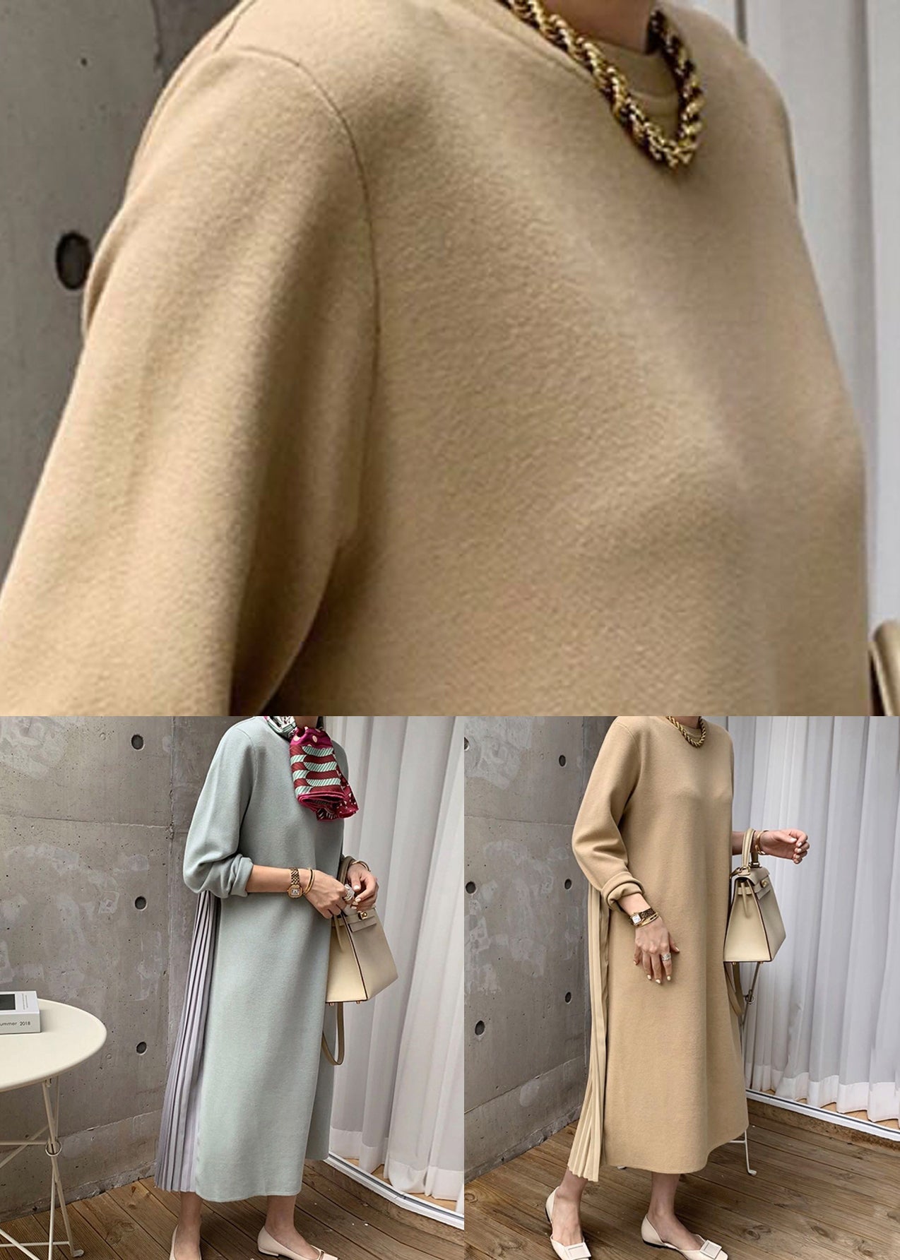 Light Green Wrinkled Patchwork Cotton Winter Sweatshirt Dresses O Neck