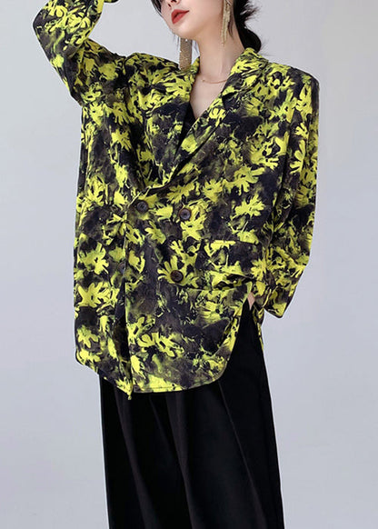 Yellow Peter Pan Collar Print Cotton Shirts Long Sleeve