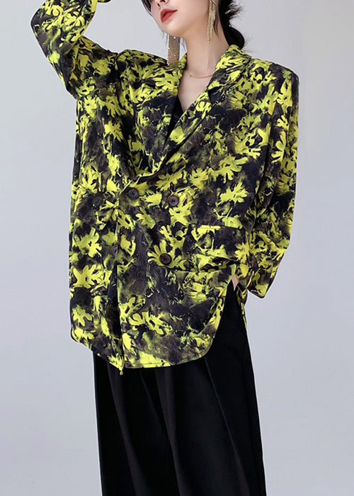 Yellow Peter Pan Collar Print Cotton Shirts Long Sleeve