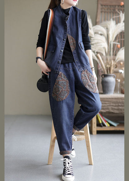 Handmade Blue Patchwork Denim Two Piece Set Outfits Sleeveless