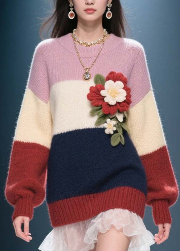 Colorblock O Neck Tulle Patchwork Knit Sweater Dress Fall