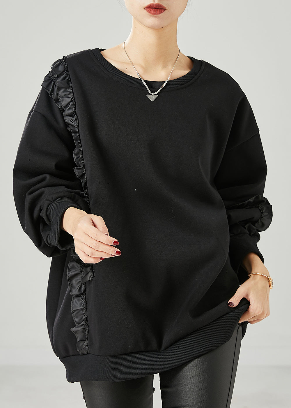Black Ruffled Patchwork Warm Fleece Sweatshirts Top Spring