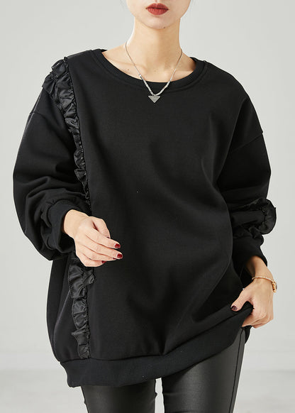 Black Ruffled Patchwork Warm Fleece Sweatshirts Top Spring