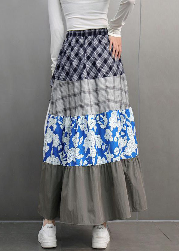 Colorblock Print Plaid Elastic Waist Maxi Skirts Spring