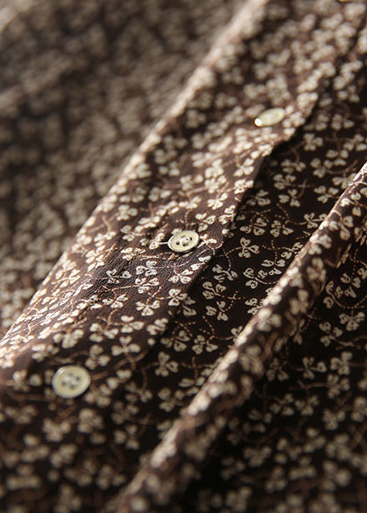 Brown O-neck Print Patchwork Button Knit Shirt Long Sleeve