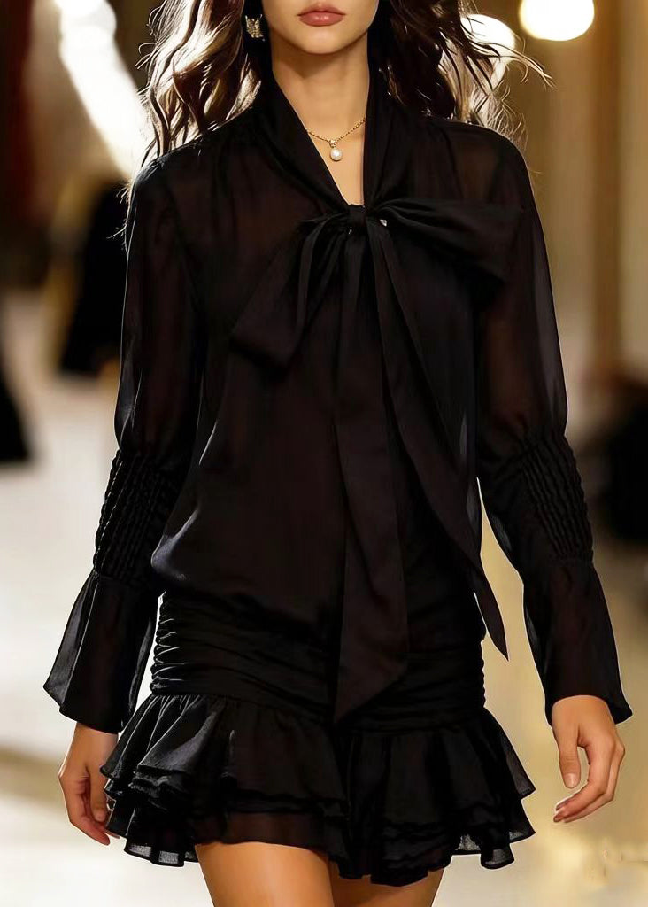 Black Bow Wrinkled Chiffon Shirt Dress Spring