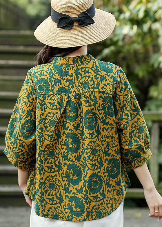 Handmade Yellow O-neck Green Print Linen Shirt Top Bracelet Sleeve