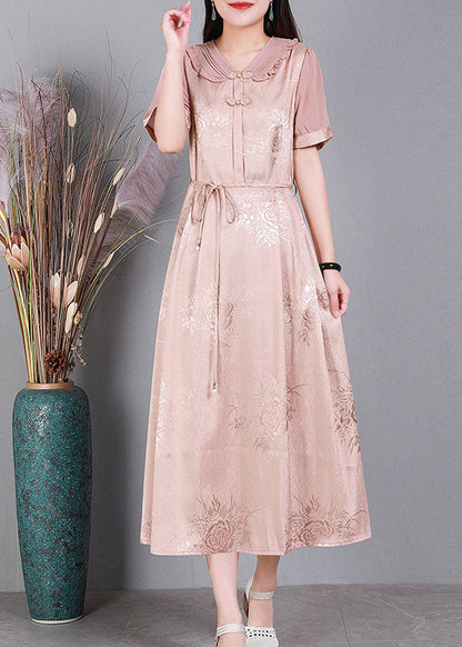 Blue V Neck Tie Waist Jacquard Oriental Button Silk Holiday Dress Summer