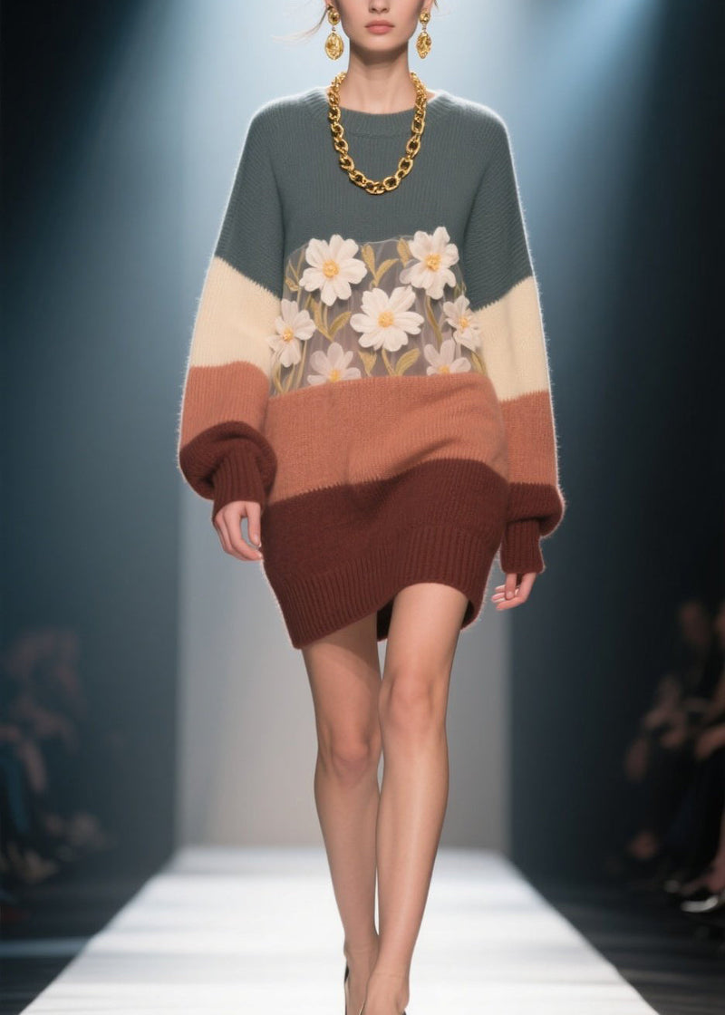 Italian Colorblock O Neck Knit Dress Winter