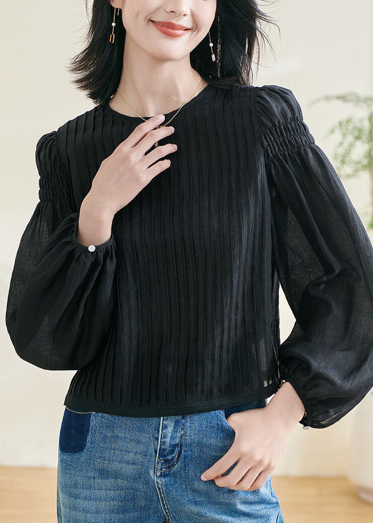Original Design Black O-neck Wrinkled Top Fall