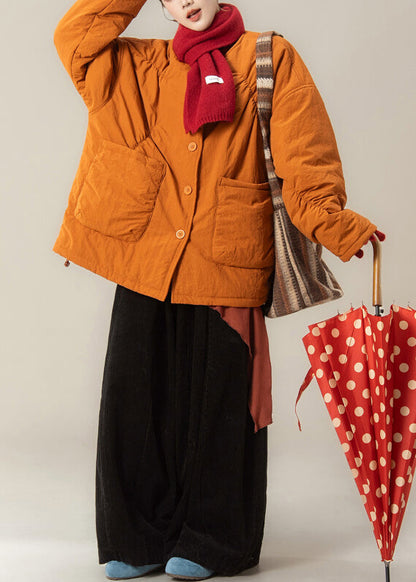 Loose Orange Pockets Parkas and Black Pants Cotton Filled Two Piece Set Winter