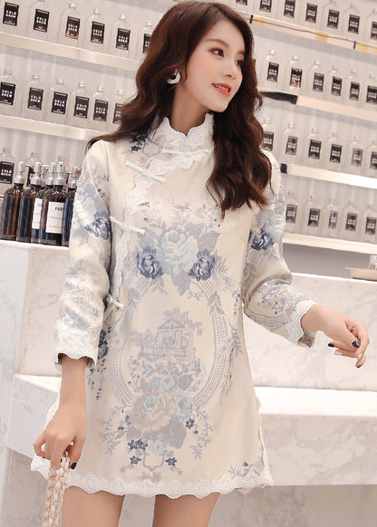 Stand Collar Embroideried Button Lace Patchwork Top Long Sleeve