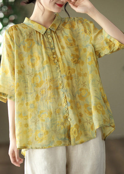 Yellow Peter Pan Collar Low High Design Linen Shirt Half Sleeve