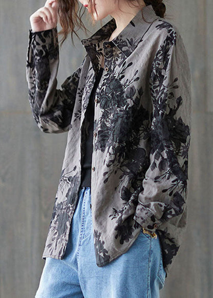 Unique Black Flower Peter Pan Collar Button Print Fall Blouses Long Sleeve