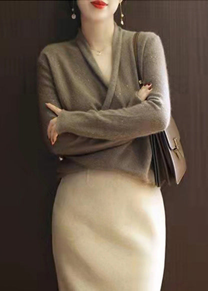 Modern Chocolate V Neck Thick Cashmere Knitted Sweater Tops Long Sleeve