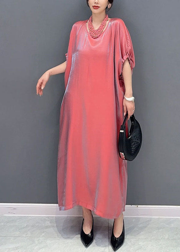Pink O-neck Silk Long Dress Short Sleeve Summer