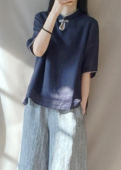 Italian Dark Blue Clothes for Stand Collar Half Sleeve Cotton Top