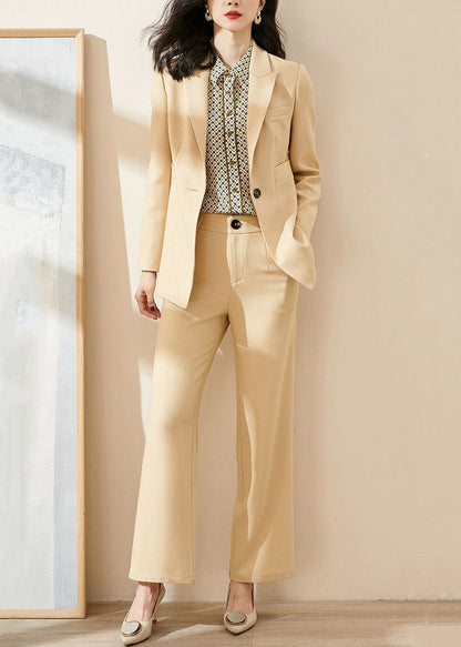 Slim Fit Light Yellow Notched Coat and Pants Spandex Two Pieces Set Fall
