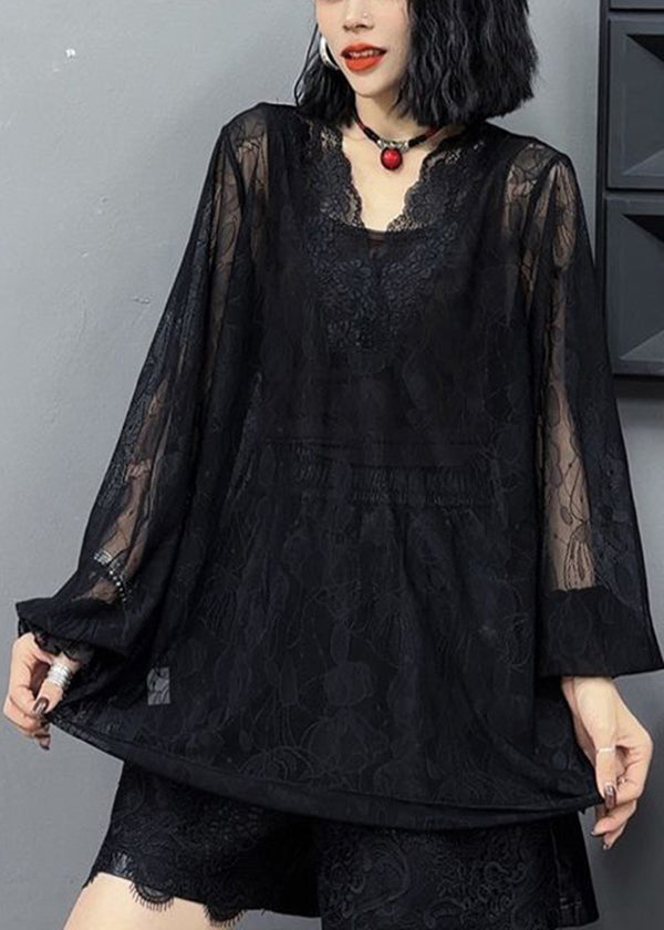 Loose and Versatile Slim V Neck Long Sleeved Coffee Lace Top