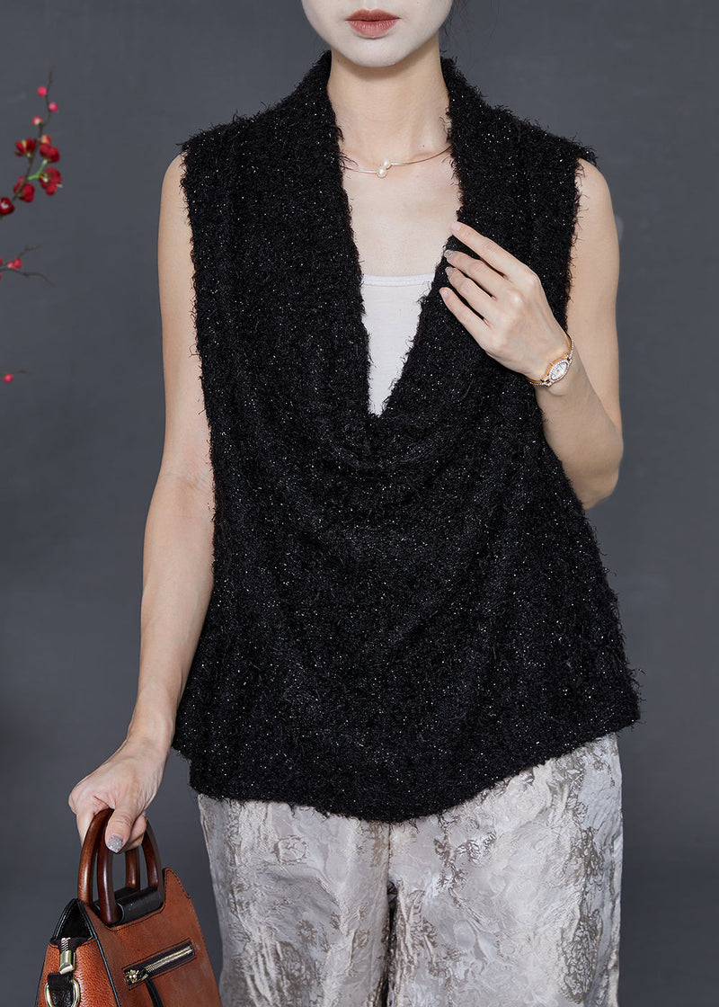 Black V Neck Warm Fuzzy Fur Fluffy Vest Spring