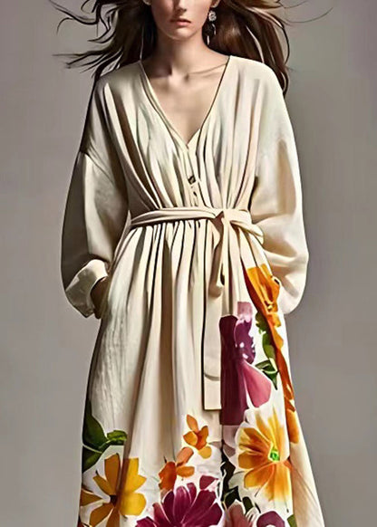 Beige Print Pockets Tie Waist Cotton Long Dresses Fall