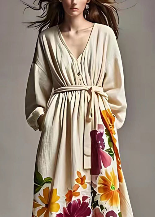 Beige Print Pockets Tie Waist Cotton Long Dresses Fall