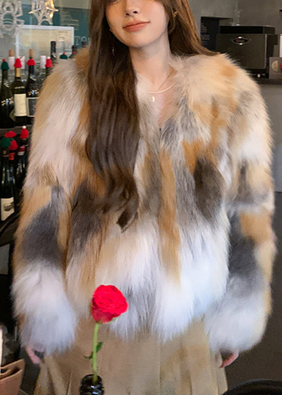 Unique Photo Color V Neck Print Leather and Fur Coats Spring