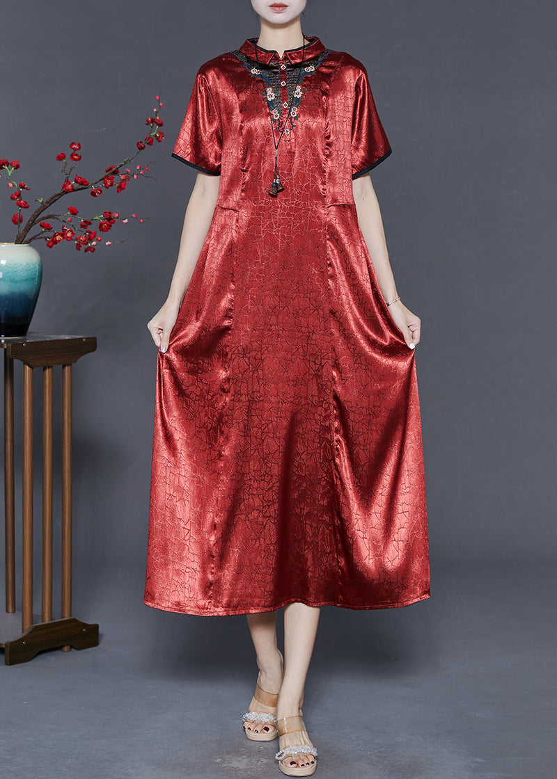 Red Mandarin Collar Embroidered Silk Dresses Summer