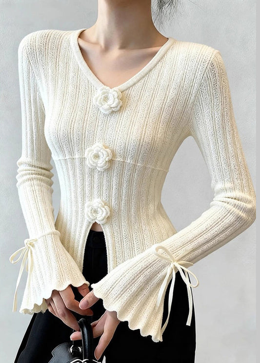 French White Patchwork Thin Knit Top Flare Sleeve