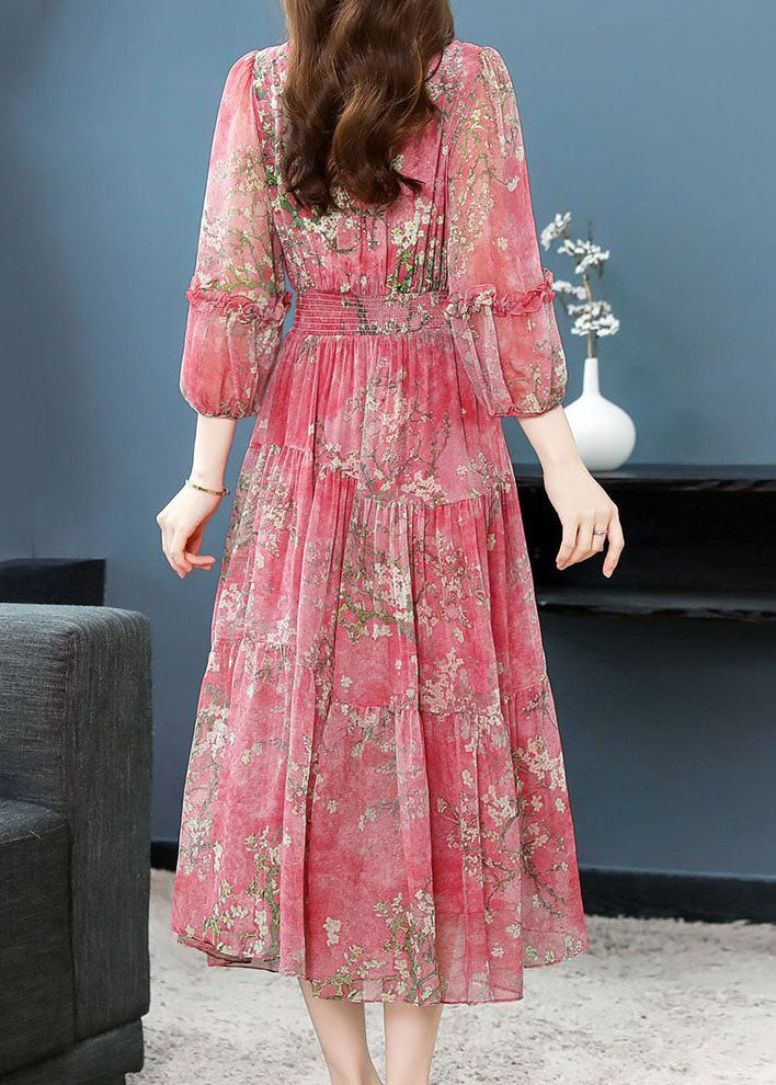 Pink Ruffled Wrinkled Print Patchwork Silk Dress Summer
