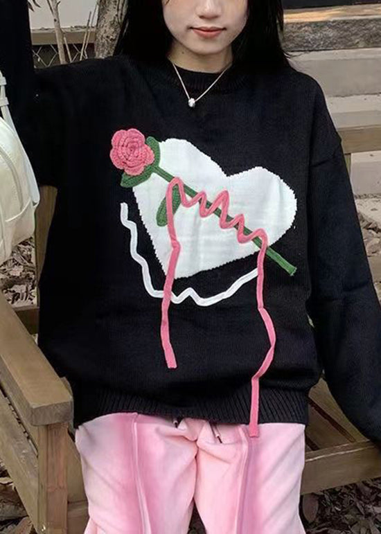 Original Black O Neck Heart Knit Knitted Sweaters Fall