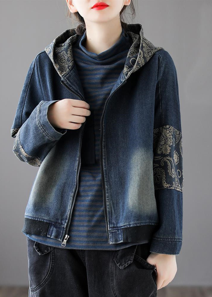 Blue V Neck Print Patchwork Zippered Cotton Denim Coat Long Sleeve