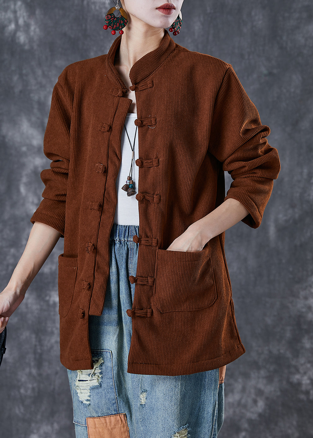 Handmade Chocolate Chinese Button Warm Fleece Corduroy Jacket Winter
