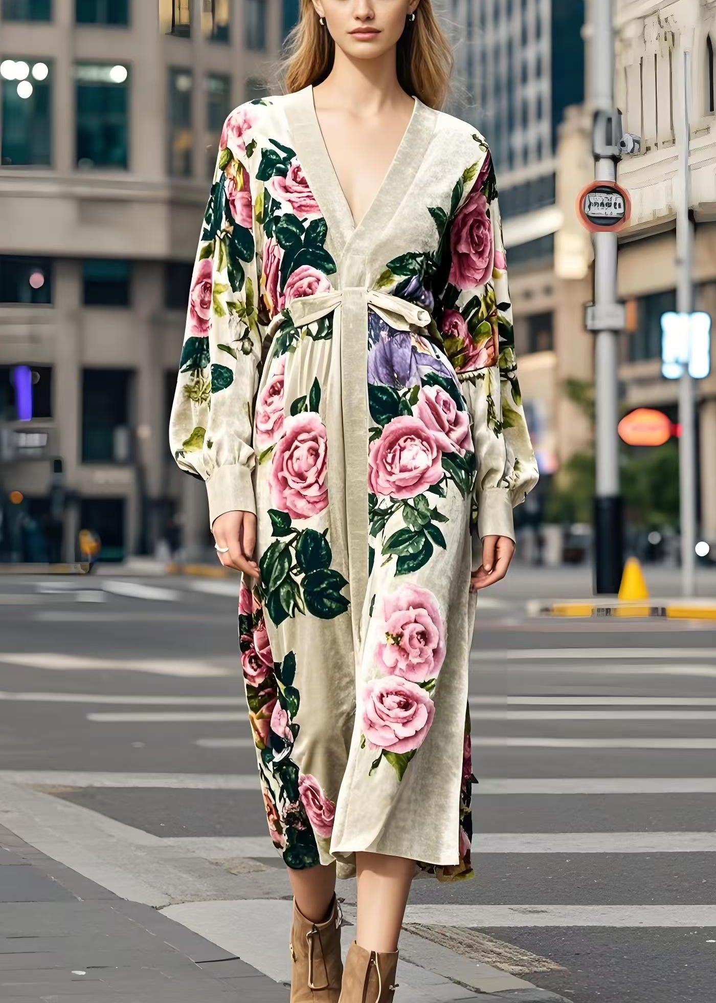 Apricot V Neck Print Silk Velour Dress Spring