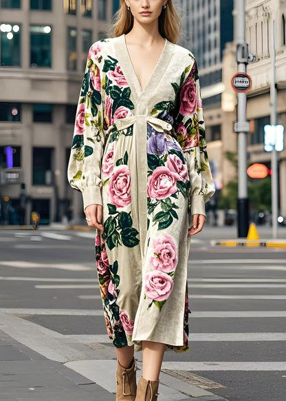 Apricot V Neck Print Silk Velour Dress Spring