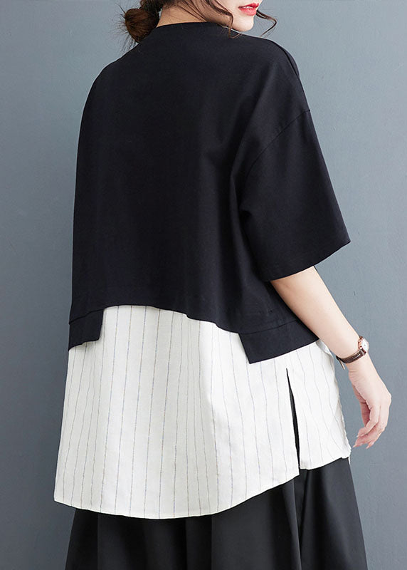 Black Striped Patchwork Fake Two Pieces Top Short Sleeve